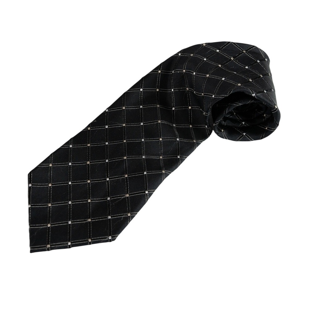 Nautica Necktie Mens Black silver Excellent Grid Pattern Formal Silk Blend 60"